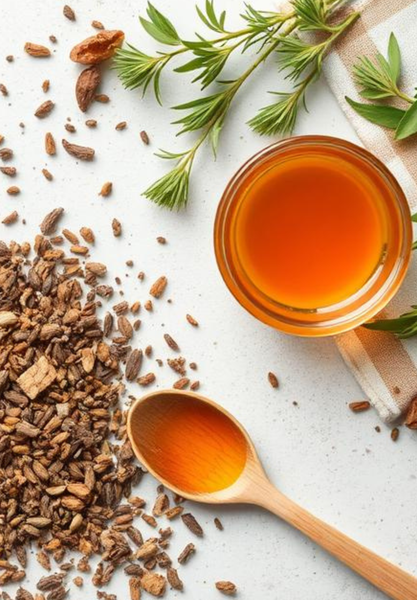 Top down view of fresh and dried herbs with a cup of tea and a spoonful of honey.