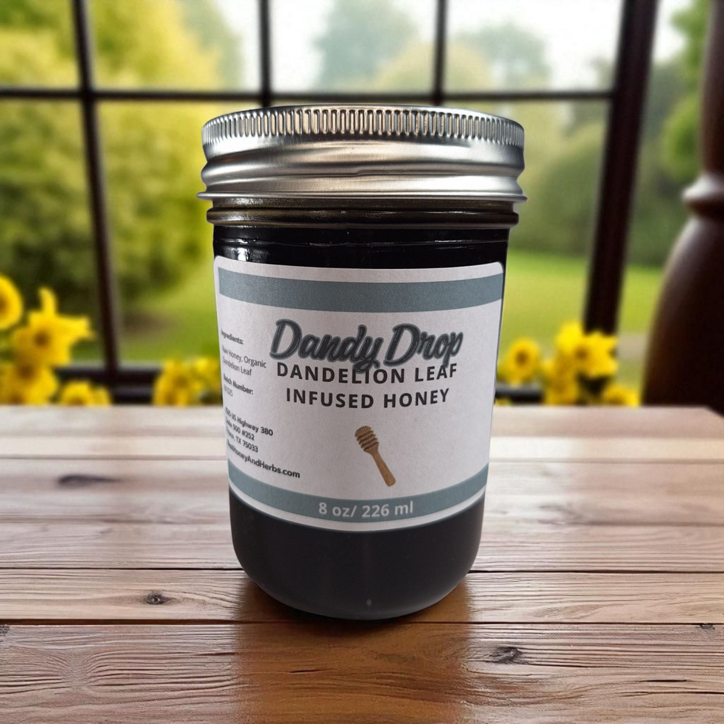 8 oz half-pint jar of raw Dandelion Leaf Infused Honey on a wooden surface, herbal sweetener for tea, baking, and traditional wellness.