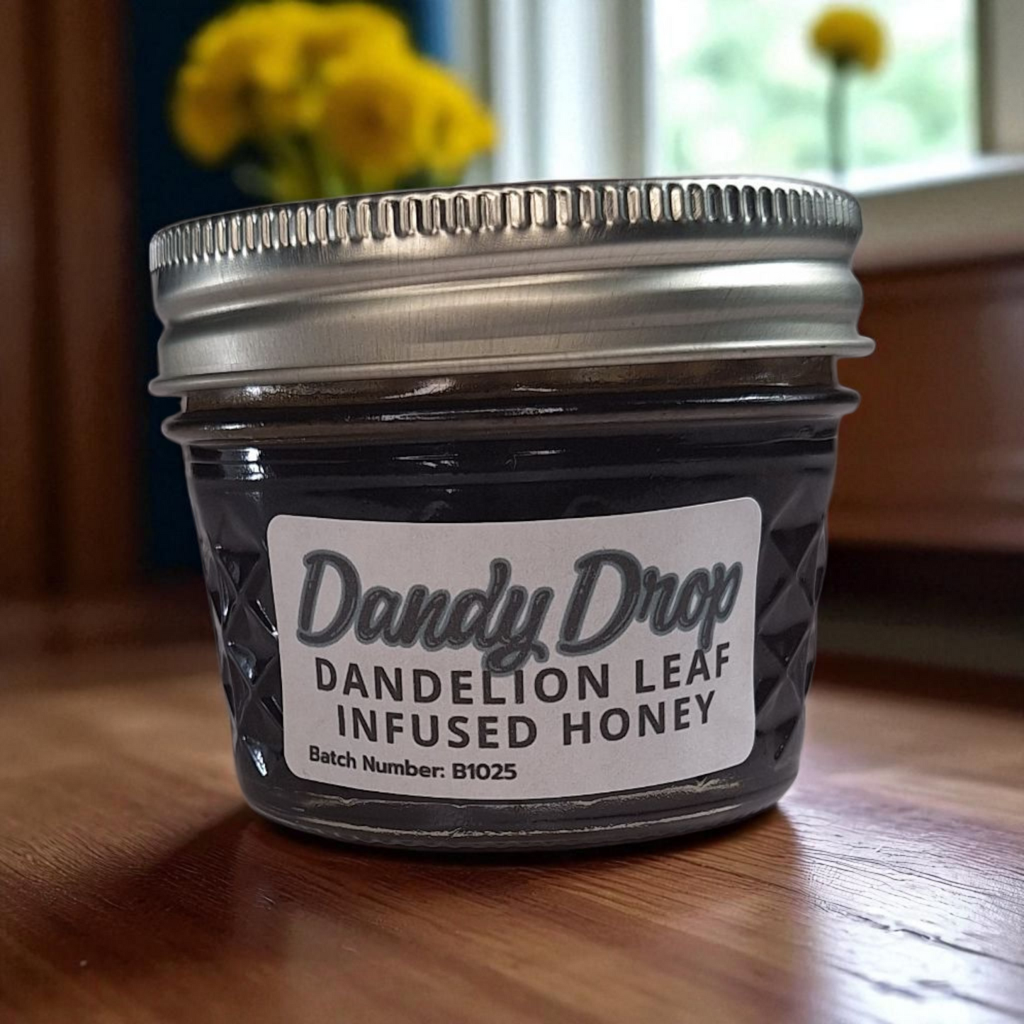 4 oz jar of raw Dandelion Leaf Infused Honey on a wooden surface, herbal sweetener for tea, baking, and traditional wellness.