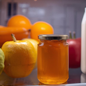 A jar of honey sitting in a refrigerater with fruits and milk.
