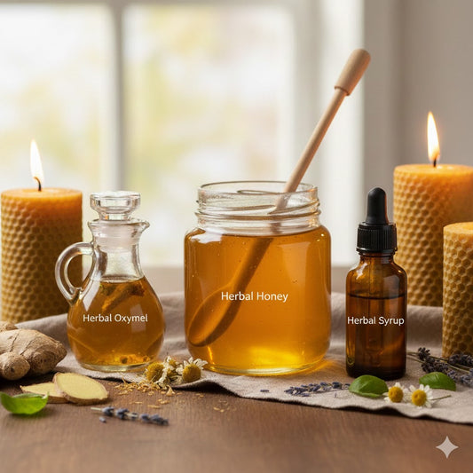 oxymel, herbal honey and herbal syrup on a wood table with lit candles in the background.