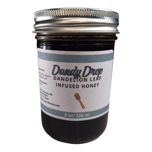 8 oz jar of raw Dandelion Leaf Infused Honey, herbal sweetener for tea, baking, and natural wellness, on a plain white background.
