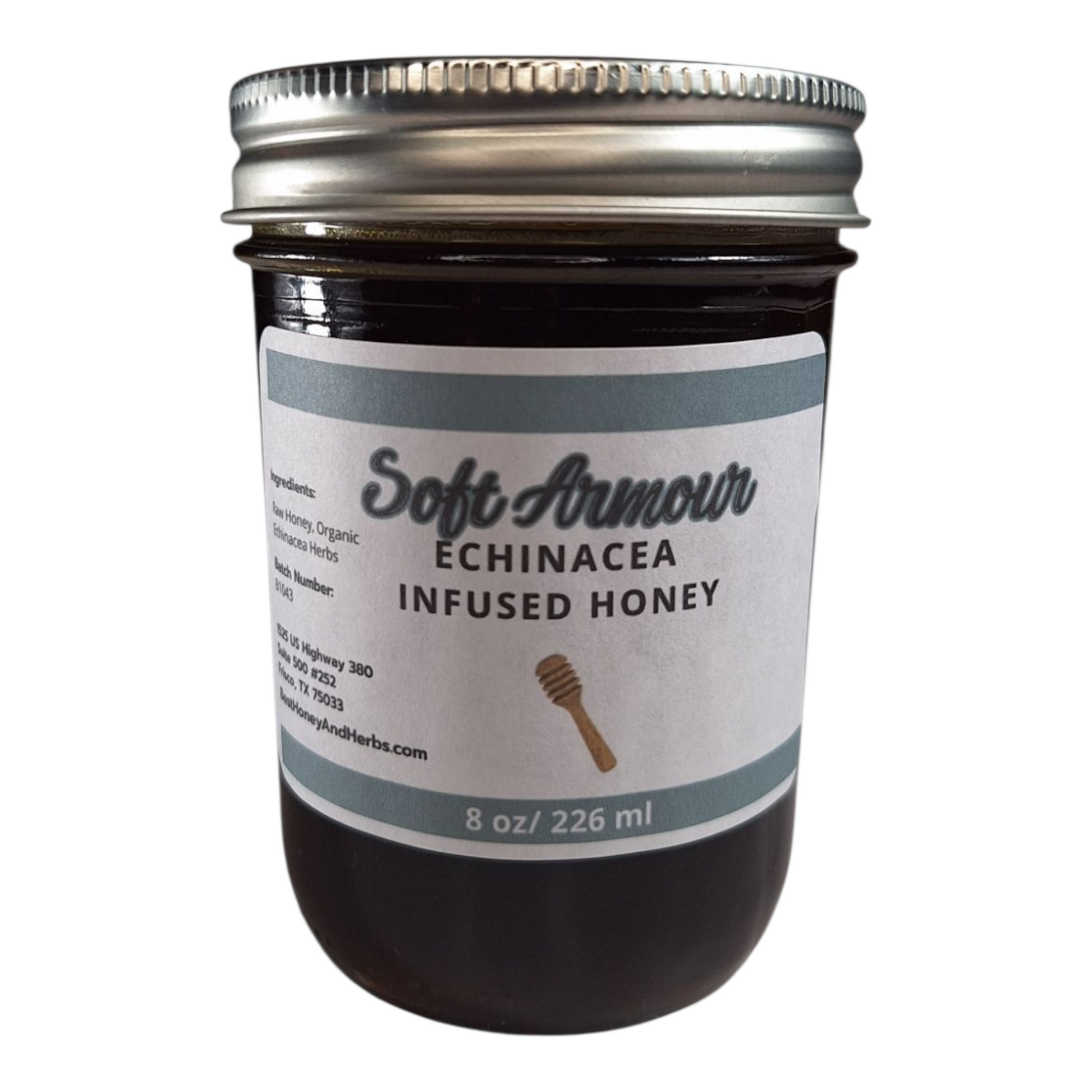 8 oz jar of raw Echinacea Infused Honey, herbal sweetener for tea, immune-support drinks, and healthy recipes, on a plain white background.