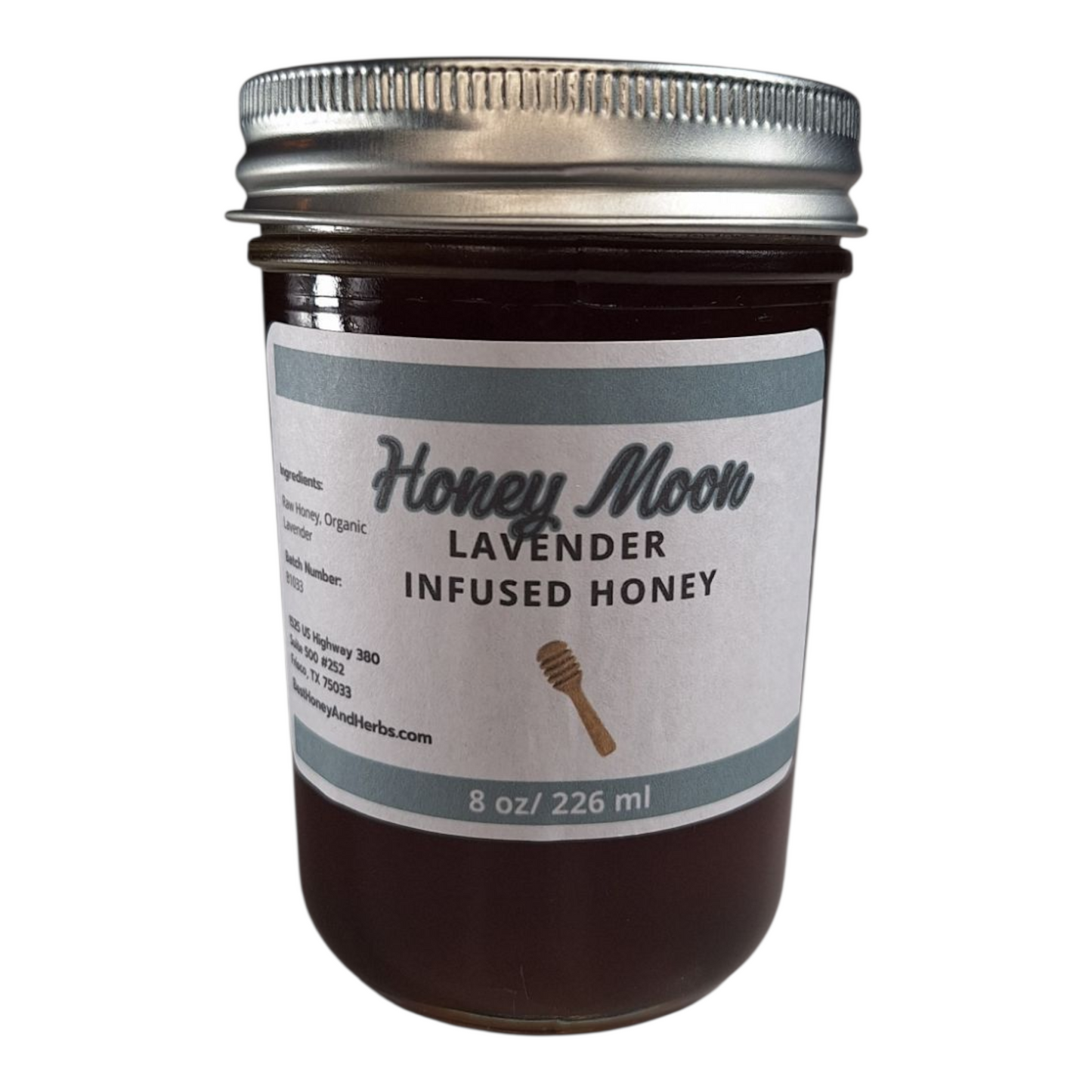 8 oz jar of raw Lavender Infused Honey, floral herbal sweetener for tea, baking, and relaxing drinks, on a plain white background.