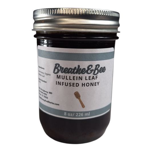 8 oz jar of raw Mullein Leaf Infused Honey, soothing herbal sweetener for tea, throat comfort, and natural wellness, on a plain white background