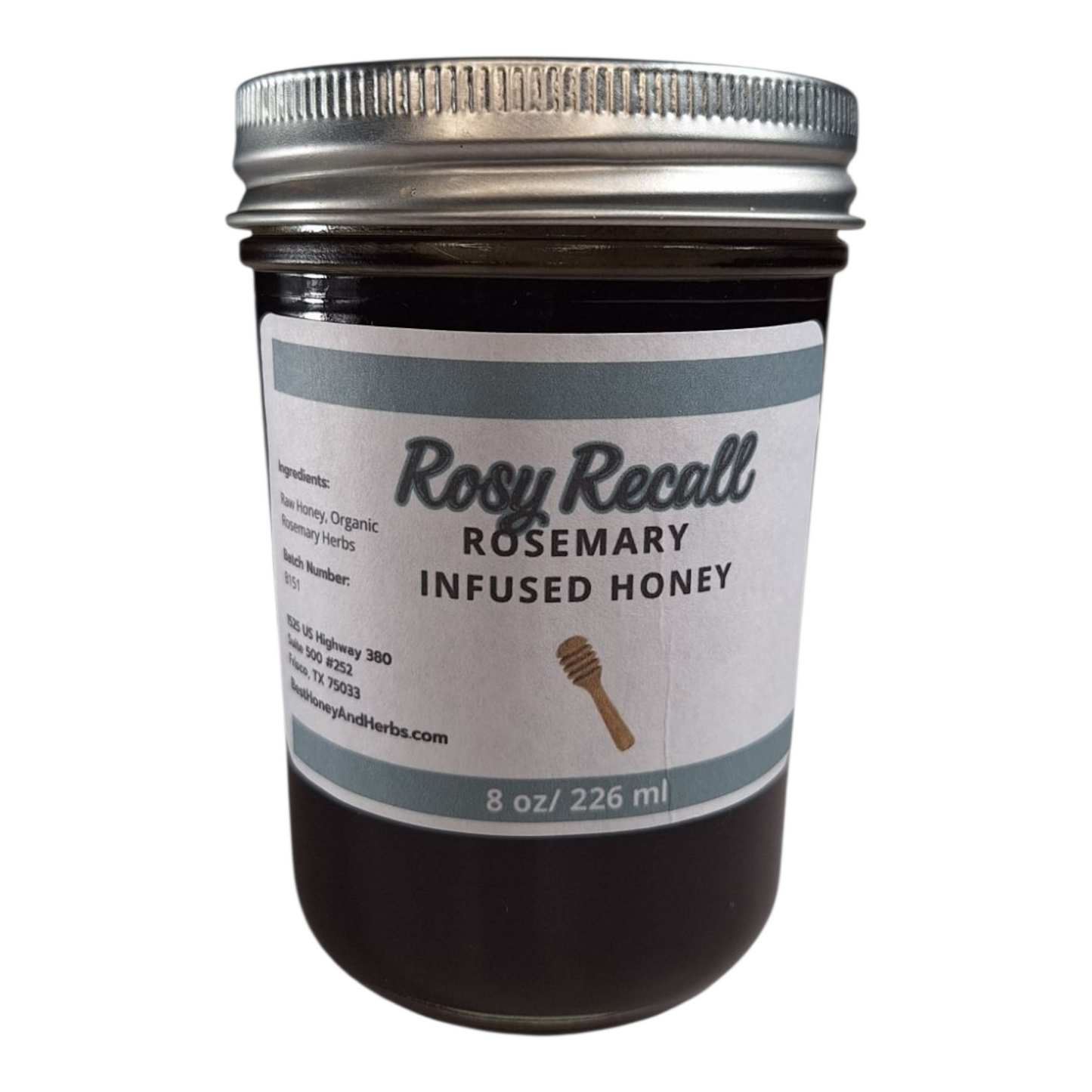 8 oz jar of raw Rosemary Infused Honey, savory herbal sweetener for meats, bread, and roasted vegetables, on a plain white background.