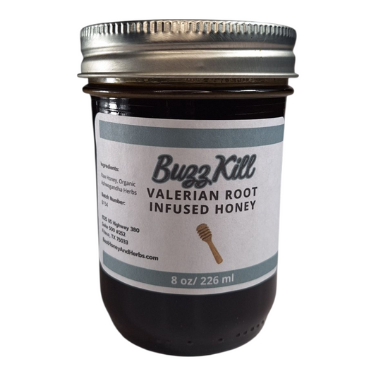  8 oz jar of raw Valerian Root Infused Honey, small-batch calming herbal sweetener for tea, baking, and relaxation drinks, on a plain white background.

