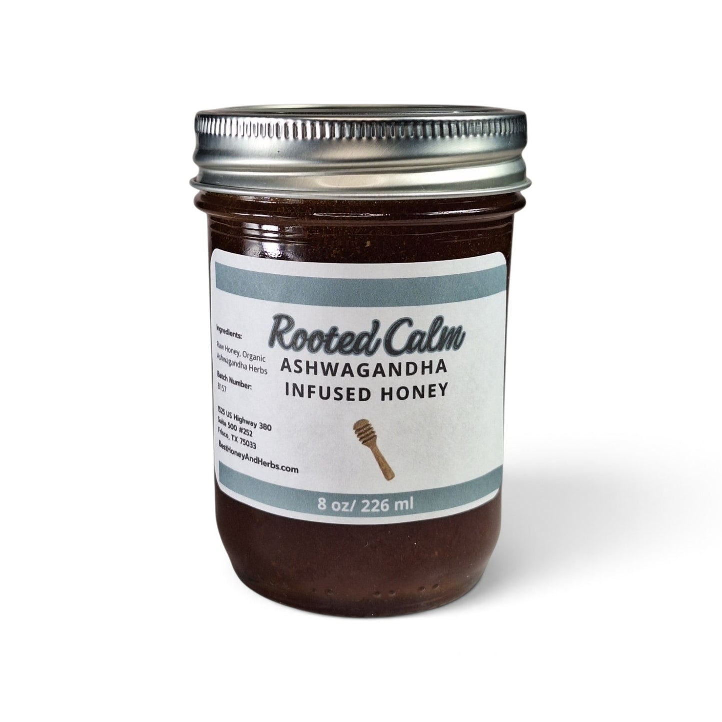  Ashwagandha-infused raw honey half pint in a glass jar with a metal lid.