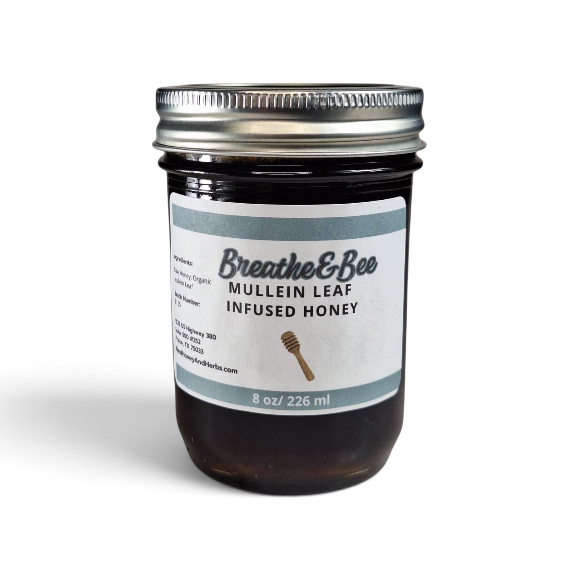  Mullein leaf infused honey in an 8 oz glass jar with a metal lid.