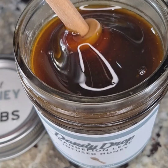  Dandelion Leaf infused honey slowly drizzling from a honey dipper.