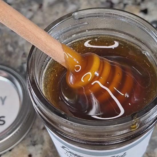  Lemon Balm infused honey slowly drizzling from a honey dipper.