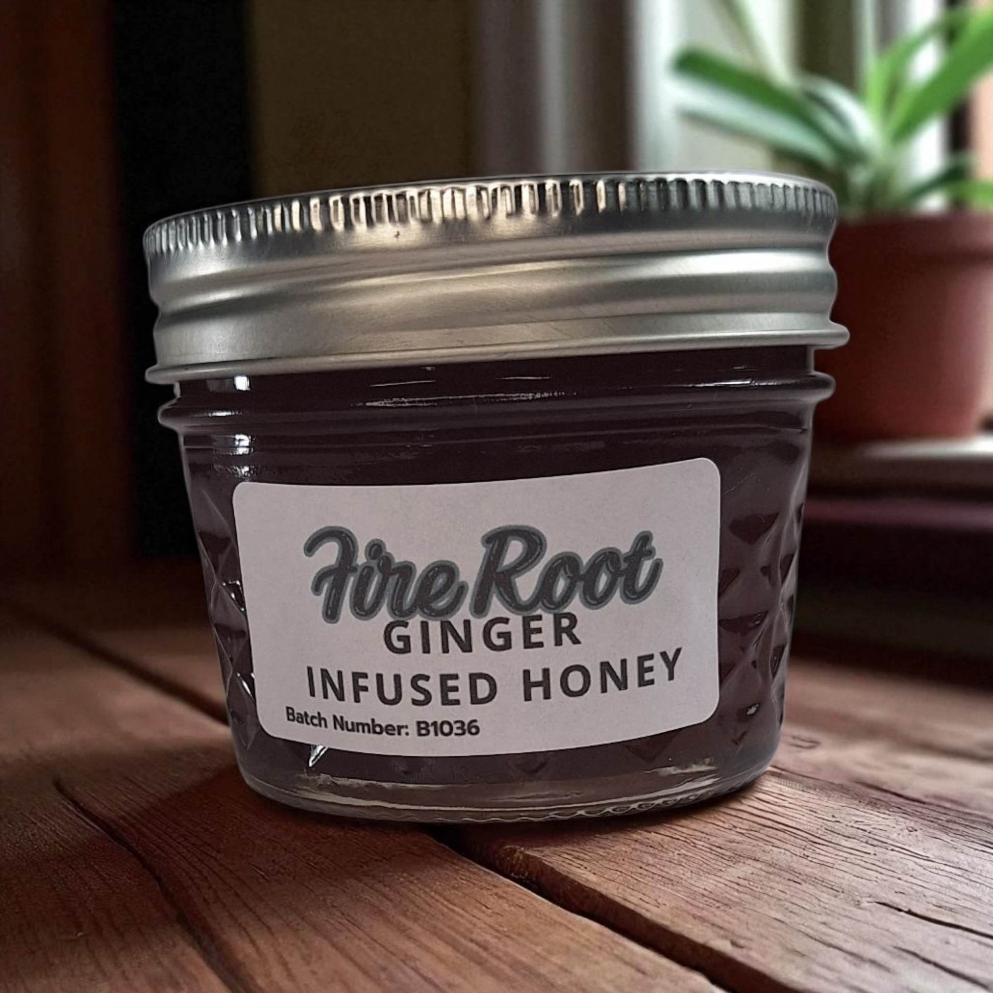 4 oz jar of raw Ginger Infused Honey on a rustic wooden surface, zesty herbal sweetener for tea, baking, and immune-boosting recipes.
